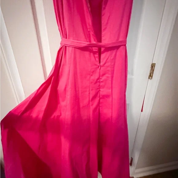 Anne Klein Pink Barbiecore Sleeveless Midi Sundress w/ Tie Belt | Cotton Blend - Picture 3 of 4